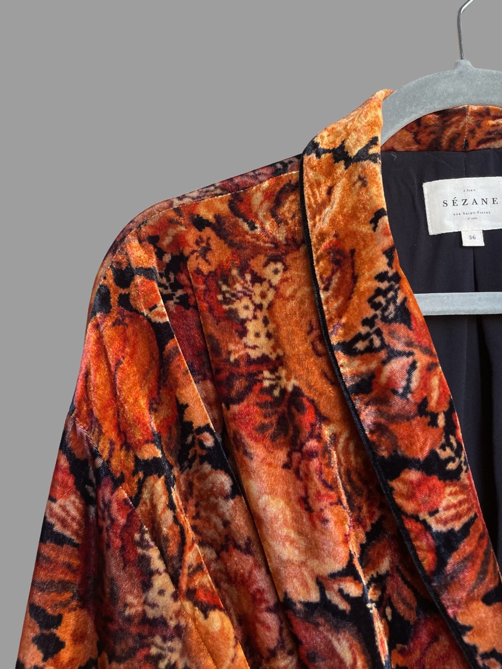 SEZANE Orange & Black Fall Floral Belted Velvet Lapels Blazer Gwendal Jacket - Picture 13 of 15
